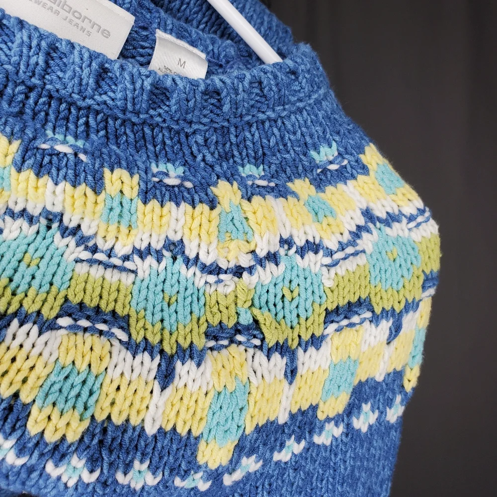 Liz‎ Claiborne 80s Fair Isle Sweater Womens Medium Blue Floral Country Cottage